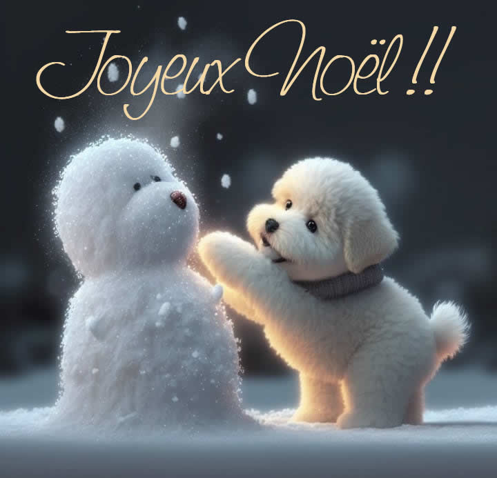 Cartes de voeux joyeux noël avec chiot et bonhomme de neige
