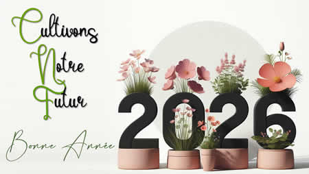 Image élégante avec un grand 2026 en 3D et deux plantes vertes