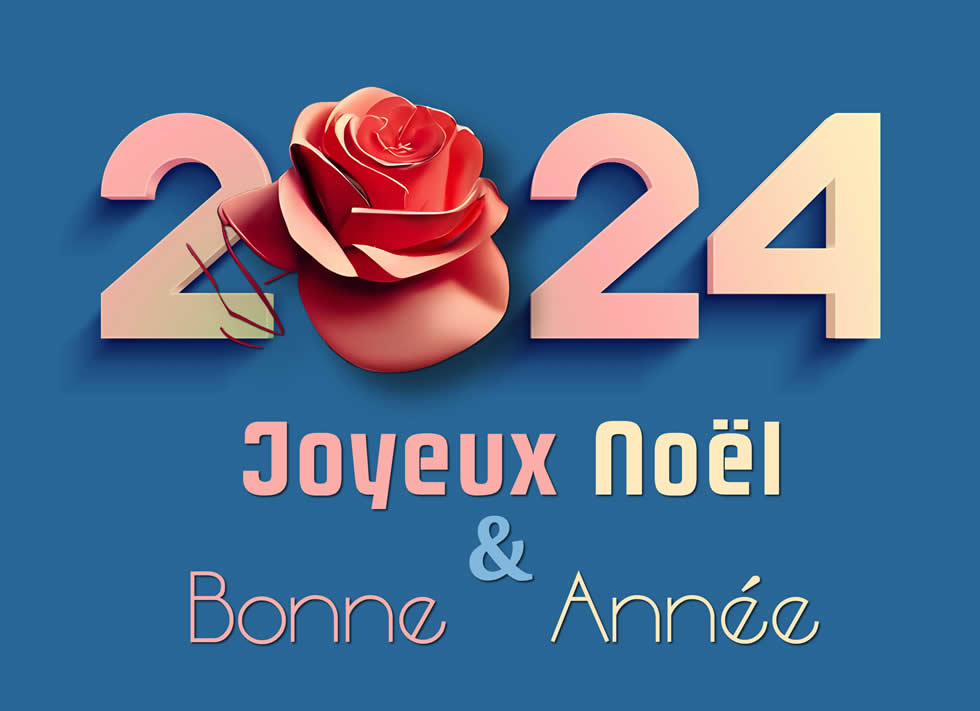 Image romantique avec un fond bleu avec un grand 2025 avec une rose rouge au lieu du zéro et un texte vous souhaitant un joyeux Noël et une bonne année 2025